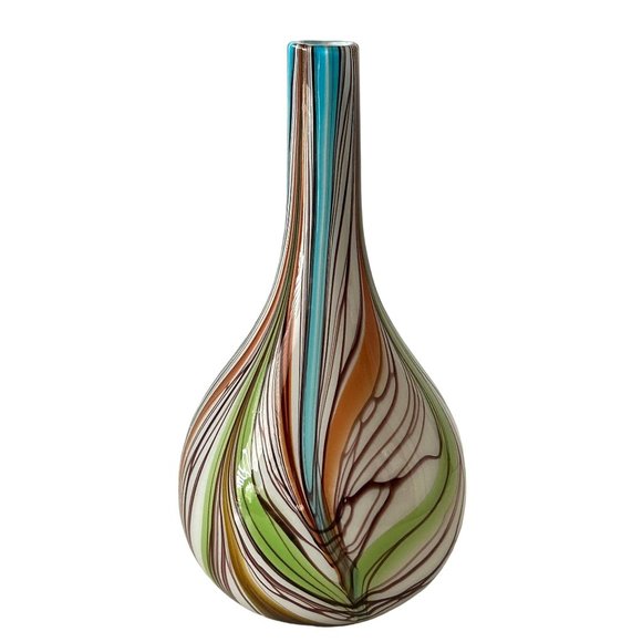 Murano Art Glass Vase Multicolor Bulbous Psychedelic Fluid Feather Striped Decor - Picture 1 of 16